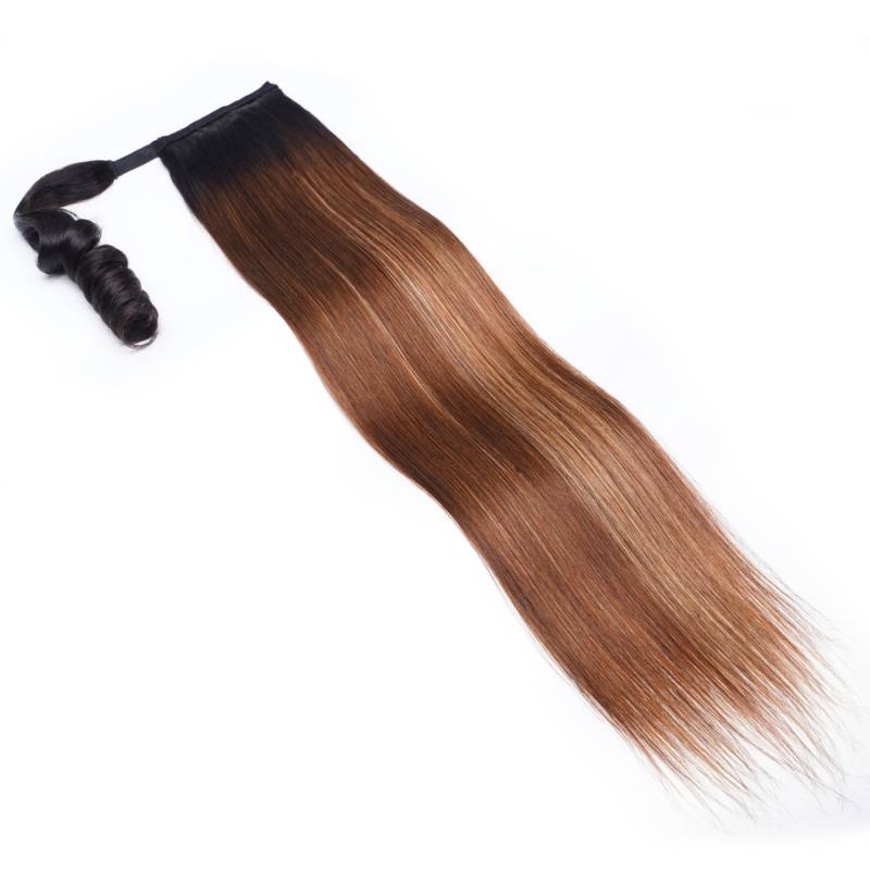 Klaiyi 1B/412 Brown Ombre Clip in Straight Ponytails Hair Extensions Wrap Around Ponytail Braids