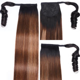 Klaiyi 1B/412 Brown Ombre Clip in Straight Ponytails Hair Extensions Wrap Around Ponytail Braids