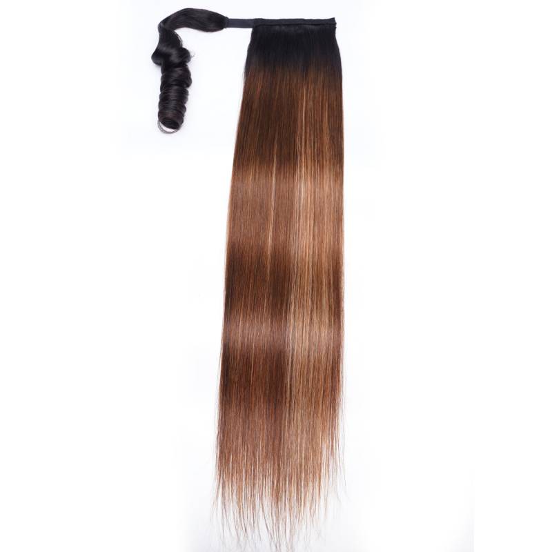 Klaiyi 1B/412 Brown Ombre Clip in Straight Ponytails Hair Extensions Wrap Around Ponytail Braids