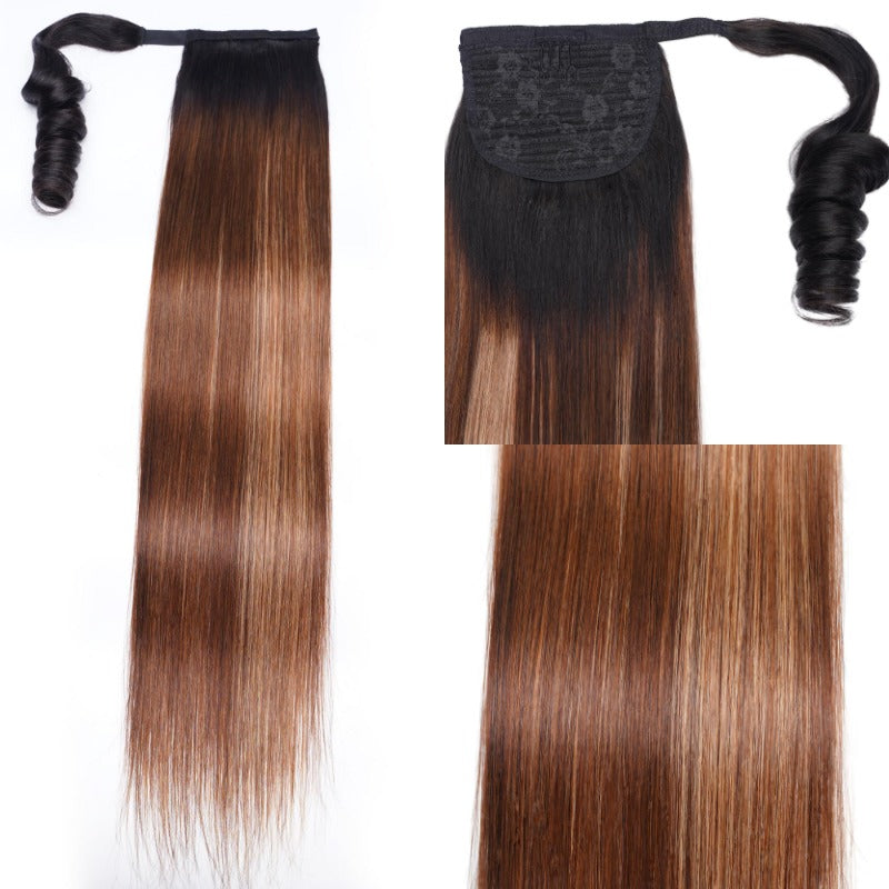 Klaiyi 1B/412 Brown Ombre Clip in Straight Ponytails Hair Extensions Wrap Around Ponytail Braids