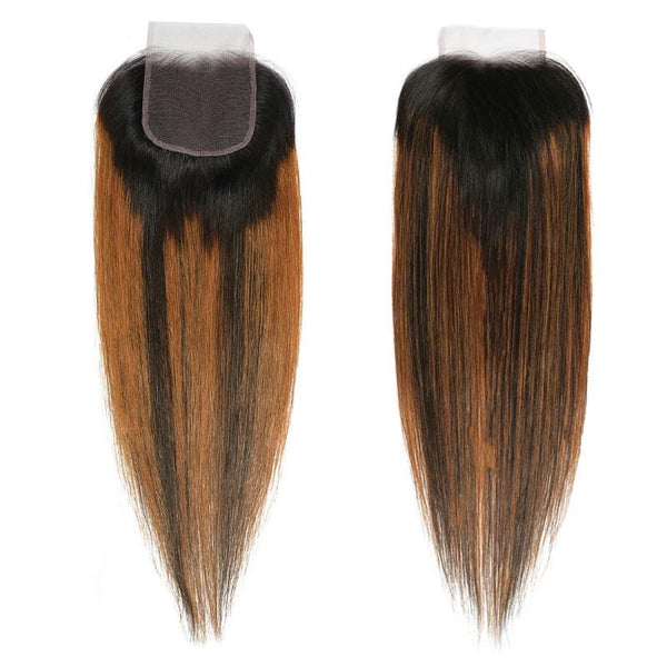 Klaiyi 4x4 Lace Closure Ombre Dark Roots Brown Balayage Color Silky Bone Straight Human Hair