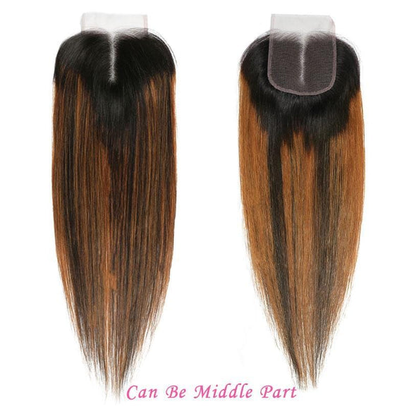 Klaiyi 4x4 Lace Closure Ombre Dark Roots Brown Balayage Color Silky Bone Straight Human Hair