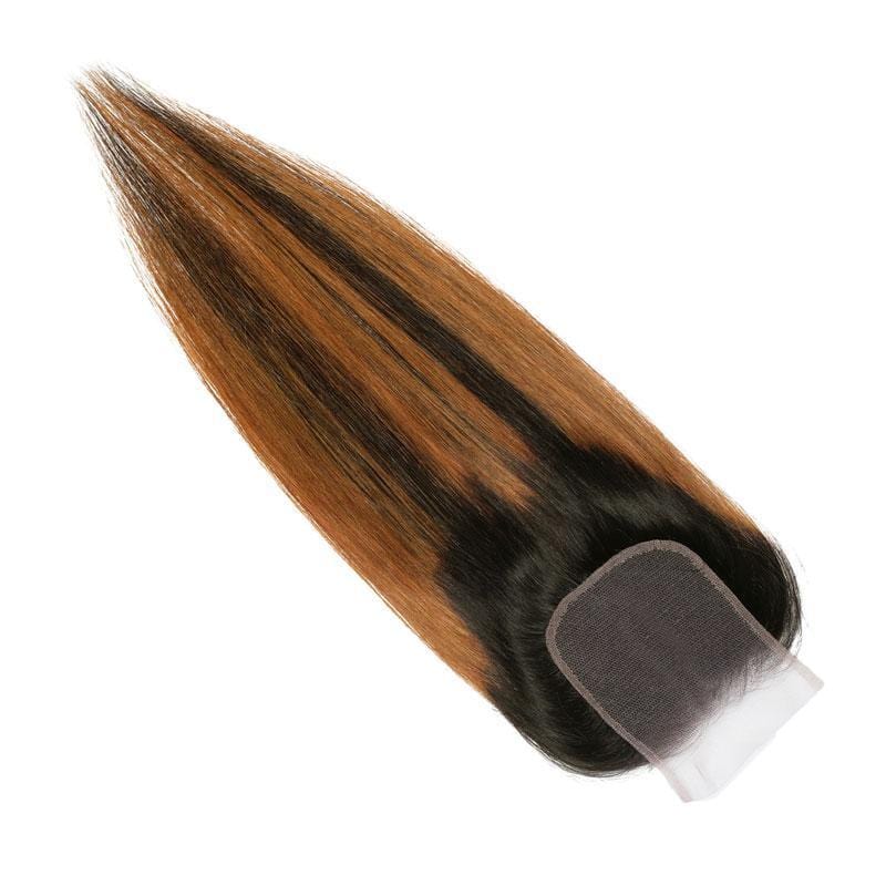 Klaiyi 4x4 Lace Closure Ombre Dark Roots Brown Balayage Color Silky Bone Straight Human Hair
