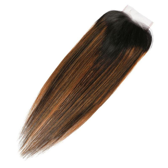 Klaiyi 4x4 Lace Closure Ombre Dark Roots Brown Balayage Color Silky Bone Straight Human Hair