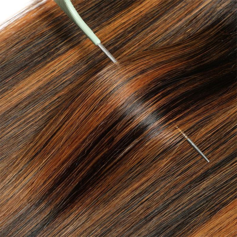 Klaiyi 4x4 Lace Closure Ombre Dark Roots Brown Balayage Color Silky Bone Straight Human Hair