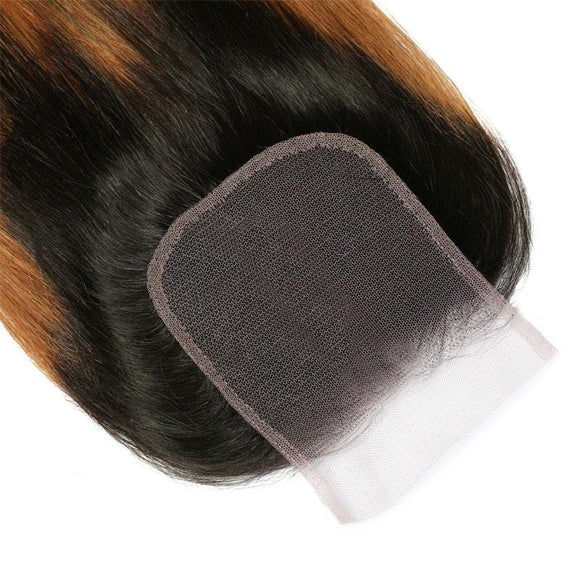 Klaiyi 4x4 Lace Closure Ombre Dark Roots Brown Balayage Color Silky Bone Straight Human Hair