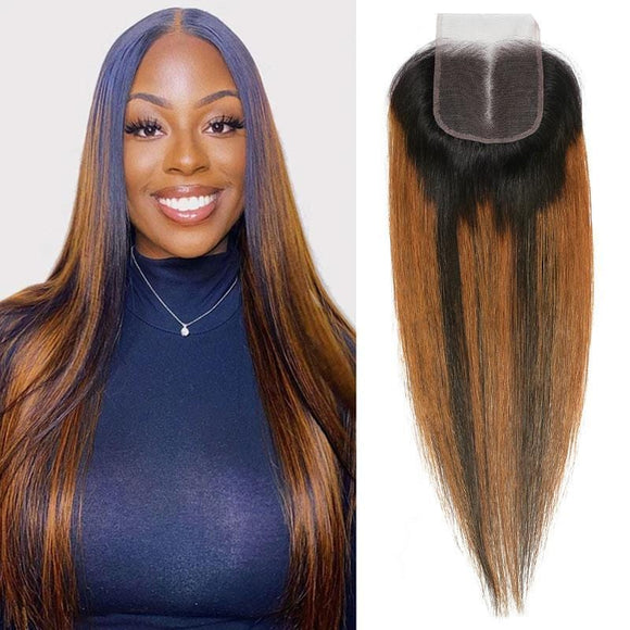 Klaiyi 4x4 Lace Closure Ombre Dark Roots Brown Balayage Color Silky Bone Straight Human Hair
