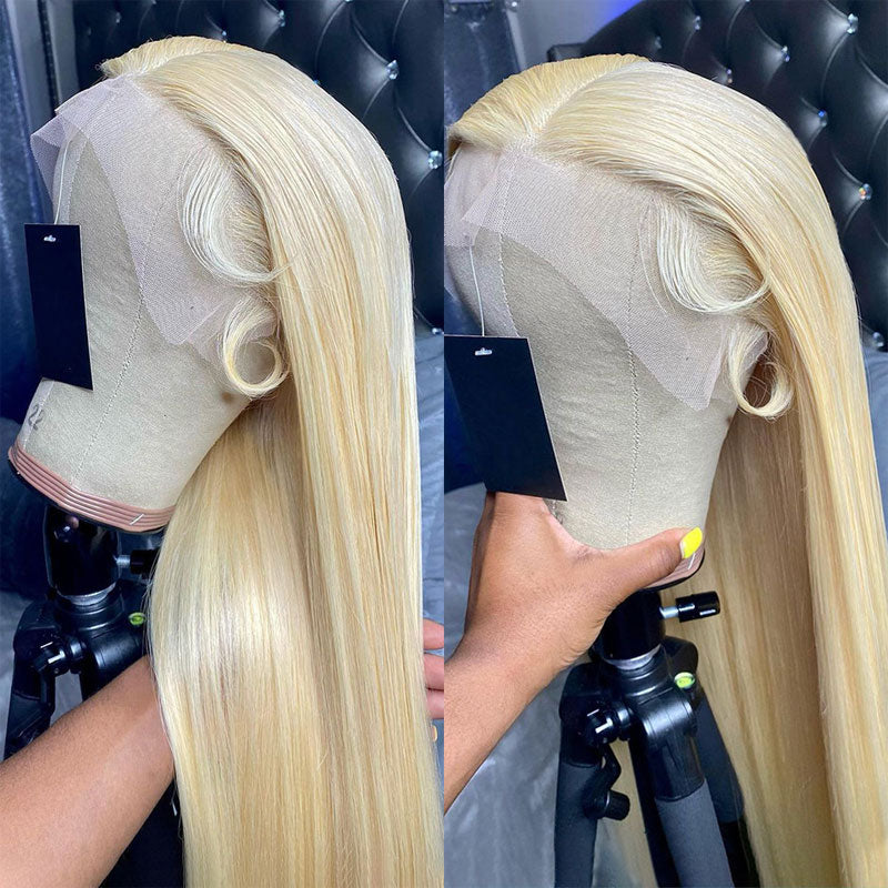 Klaiyi 5x5 HD Lace Wigs 180 Density Honey Blond Color 613 Straight 13x4 HD Lace Front Wig Match All Skin