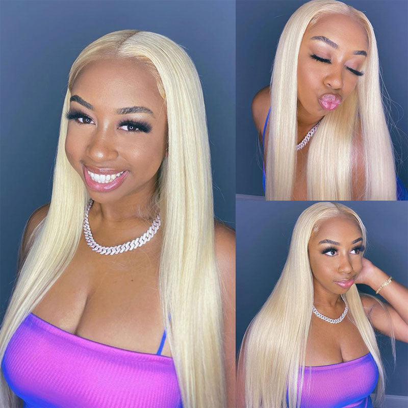 Klaiyi 5x5 HD Lace Wigs 180 Density Honey Blond Color 613 Straight 13x4 HD Lace Front Wig Match All Skin