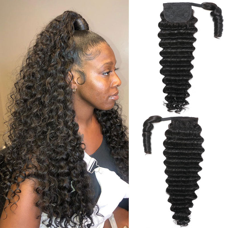 Klaiyi Clip in Ponytails Hair Extensions Wrap Around Deep Wave Flash Sale
