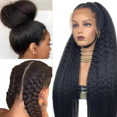 Buy 1 Get 1 60% OFF,Code:OFF60 | 4c Hairline Kinky Edge Yaki Straight Wig Kinky Straight Lace Front Wig Virgin Human Hair