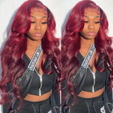 Klaiyi 99J Burgundy Lace Part Wig Pre Plucked Body Wave Human Hair Lace Front Wig