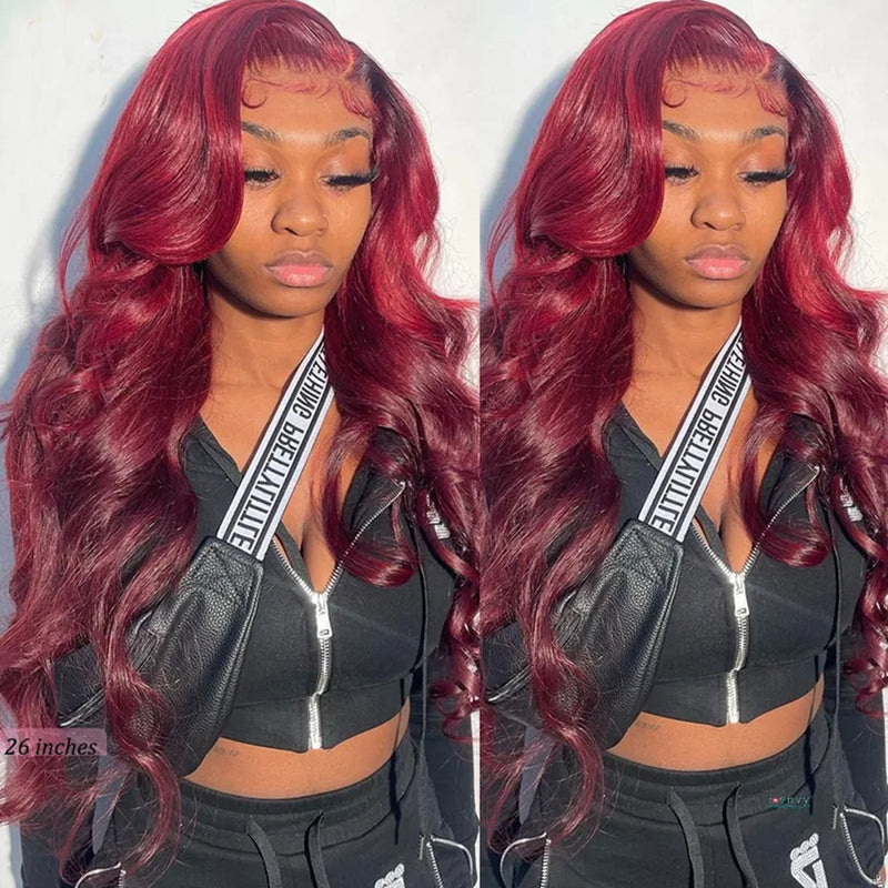 Klaiyi 99J Burgundy Lace Part Wig Pre Plucked Body Wave Human Hair Lace Front Wig