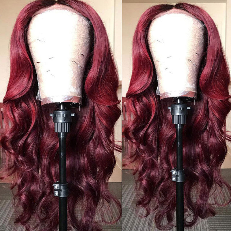 Klaiyi Reddish Brown/Red & Blonde Multicolor Highlights/99J Burgundy 13x4 Lace Front Wig Body Wave Human Hair