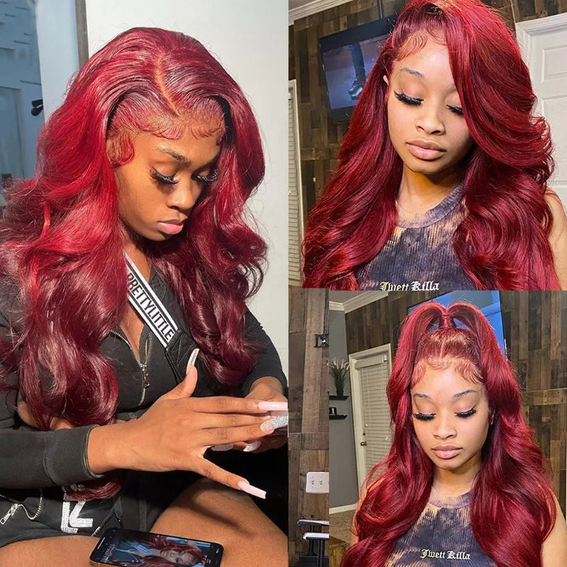 Klaiyi Reddish Brown/Red & Blonde Multicolor Highlights/99J Burgundy 13x4 Lace Front Wig Body Wave Human Hair