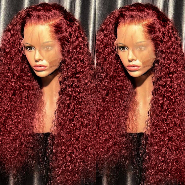 Klaiyi 99J Burgundy Transparent Lace Frontal Wig Curly Human Hair for Women
