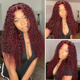 Klaiyi 99J Burgundy Transparent Lace Frontal Wig Curly Human Hair for Women Flash Sale