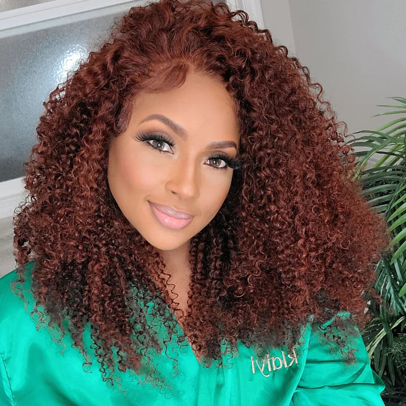 Buy 1 Get 1 60% OFF,Code:OFF60| Klaiyi Auburn Brown Color 13x4 Glueless Lace Frontal Wig Kinky Curly Kinky Straight Human Hair