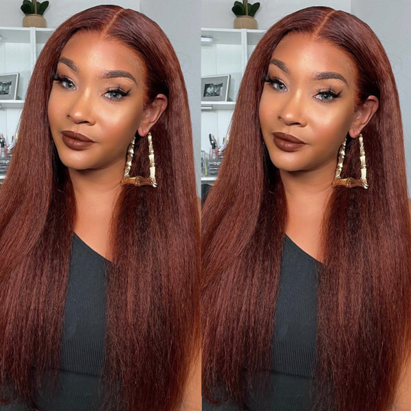 Super Saving Day | Klaiyi Reddish Brown Color Kinky Straight Lace Front Wigs Flash Sale