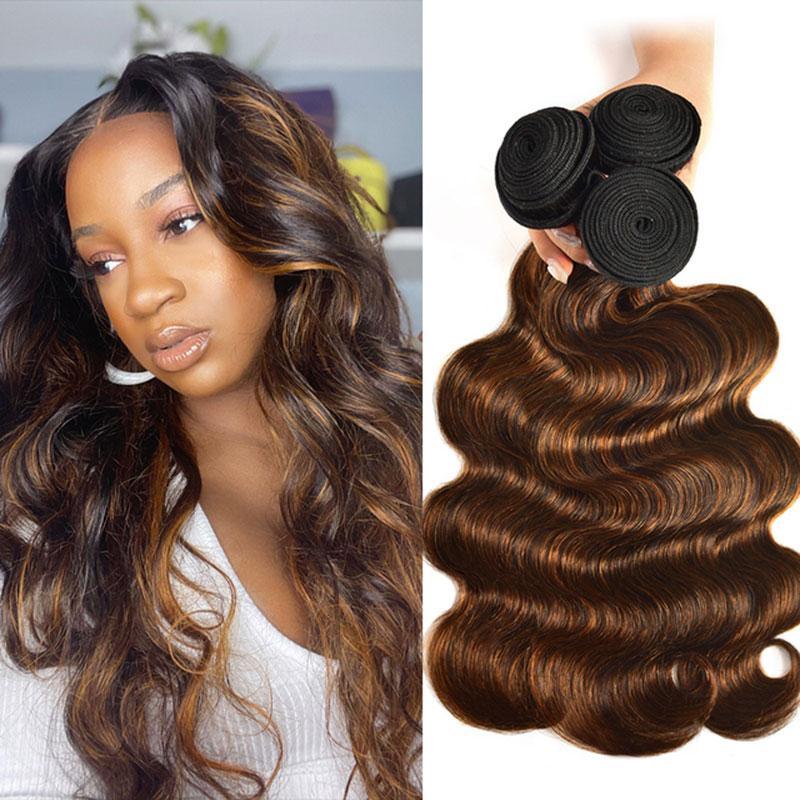 Klaiyi Balayage Hair Color 3 Bundles with Lace Closure Pre Plucked Free Part Highlights Ombre Hair Bundles Body Wave