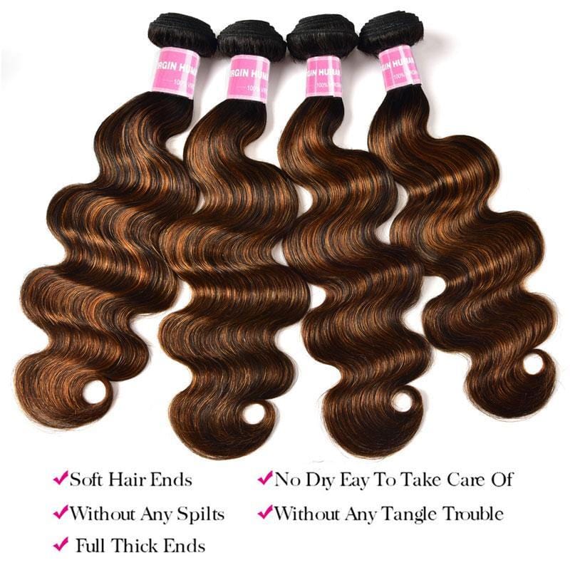 Klaiyi Balayage Hair Color 3 Bundles with Lace Closure Pre Plucked Free Part Highlights Ombre Hair Bundles Body Wave