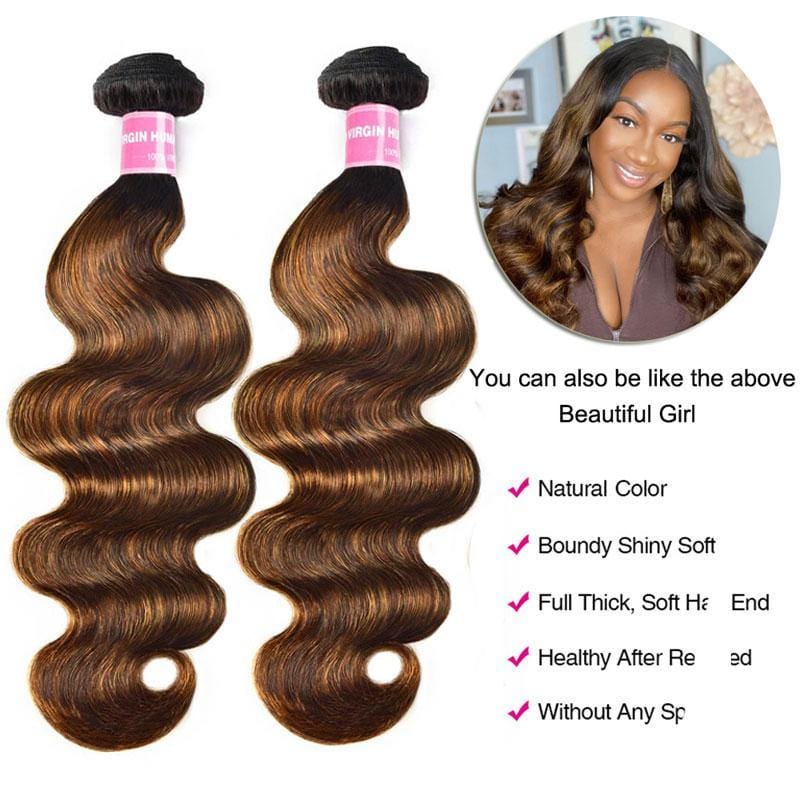Klaiyi Balayage Hair Color 3 Bundles with Lace Closure Pre Plucked Free Part Highlights Ombre Hair Bundles Body Wave