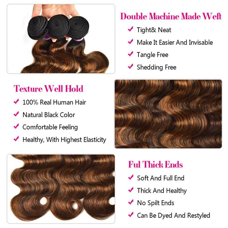 Klaiyi Balayage Hair Color 3 Bundles with Lace Closure Pre Plucked Free Part Highlights Ombre Hair Bundles Body Wave