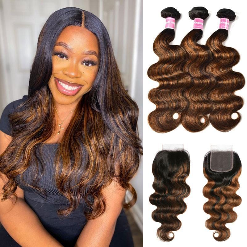 Klaiyi Balayage Hair Color 3 Bundles with Lace Closure Pre Plucked Free Part Highlights Ombre Hair Bundles Body Wave