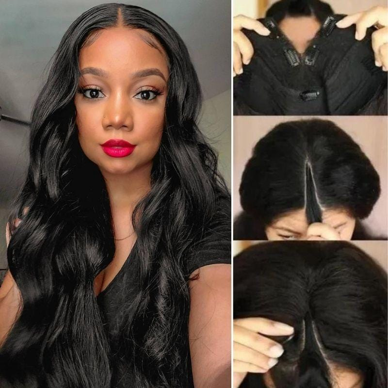 Klaiyi Body Wave Easicontour V Part Glueless Wig with invisi Drawstring Human Hair Meets Real Scalp Beginner Friendly
