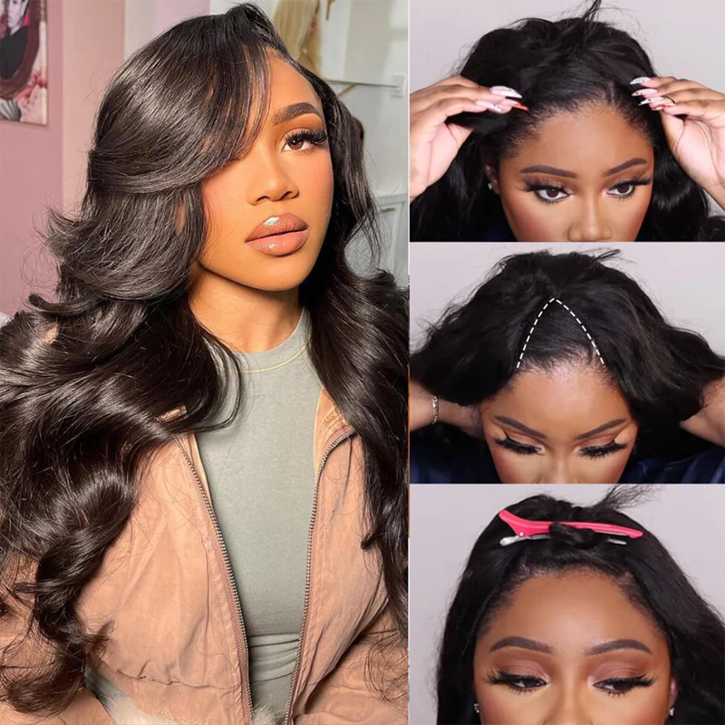 Klaiyi Body Wave Easicontour V Part Glueless Wig with invisi Drawstring Human Hair Meets Real Scalp Beginner Friendly