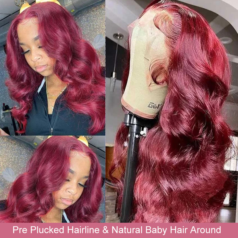 Klaiyi Body Wave Lace Frontal Wig Human Hair with Baby Hair Color Burgundy #99J Flash Sale