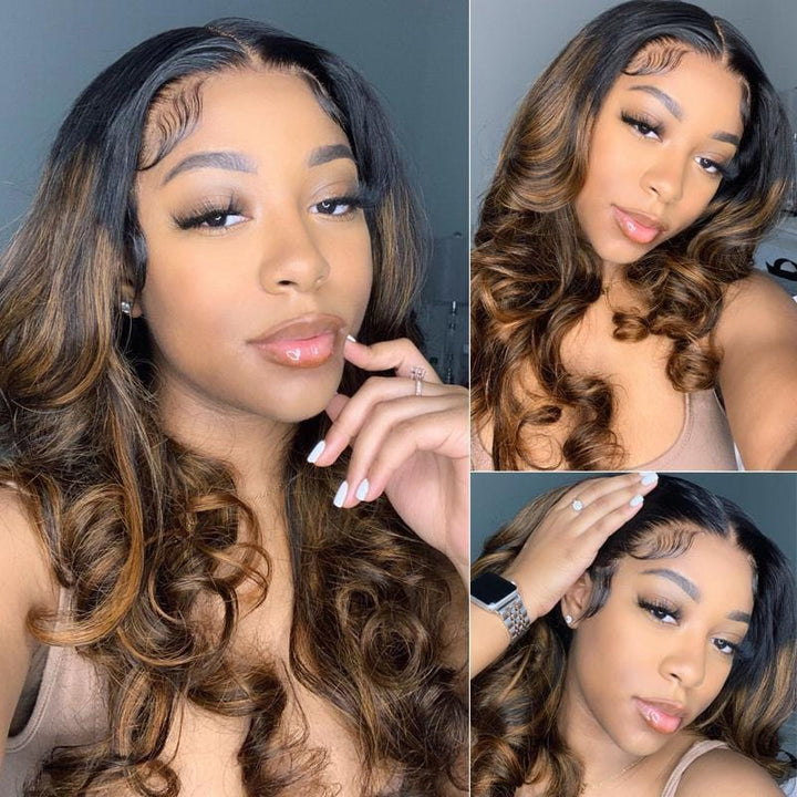 Extra 50% Off Code HALF50 | Klaiyi Dark Root Brown Balayage Highlight Body Wave Lace Front Wig