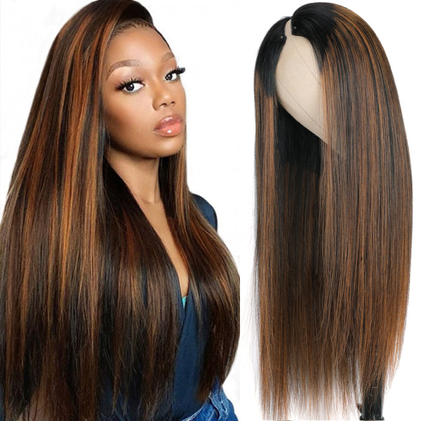 Klaiyi Bonde Straight V Part Wig Highlight Balayage Color Natural Scalp Protective Beginner Friendly