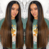 Klaiyi Bonde Straight V Part Wig Highlight Balayage Color Natural Scalp Protective Beginner Friendly