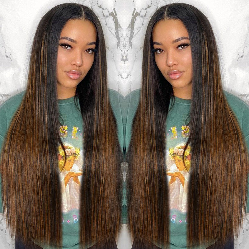 Klaiyi Bonde Straight V Part Wig Highlight Balayage Color Natural Scalp Protective Beginner Friendly