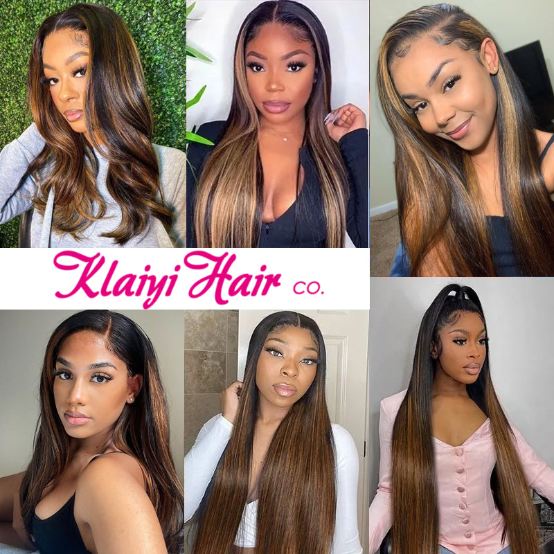 Klaiyi Bonde Straight V Part Wig Highlight Balayage Color Natural Scalp Protective Beginner Friendly