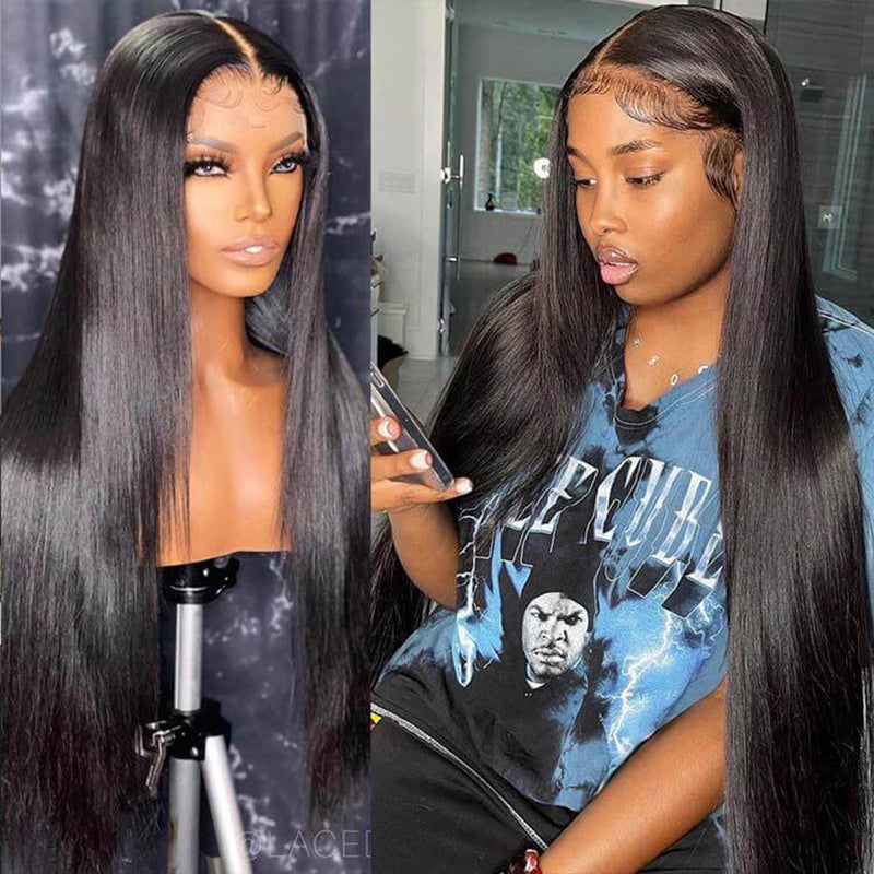 Klaiyi Bone Straight 4x4 Lace Closure Wigs Human Hair 13*4 Lace Front Wig with Pre Plucked Hairline