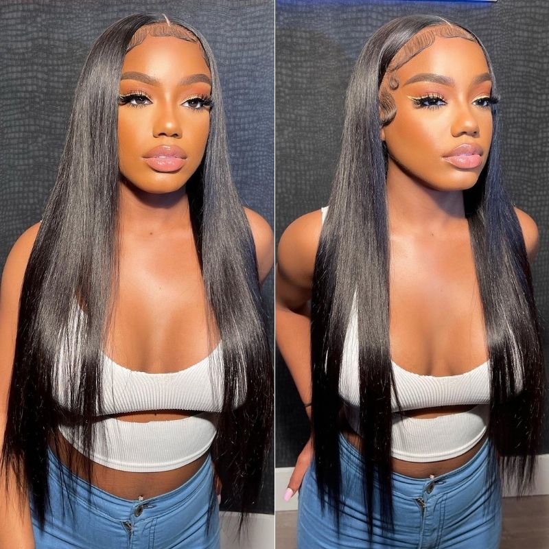 Klaiyi Bone Straight 4x4 Lace Closure Wigs Human Hair 13*4 Lace Front Wig with Pre Plucked Hairline