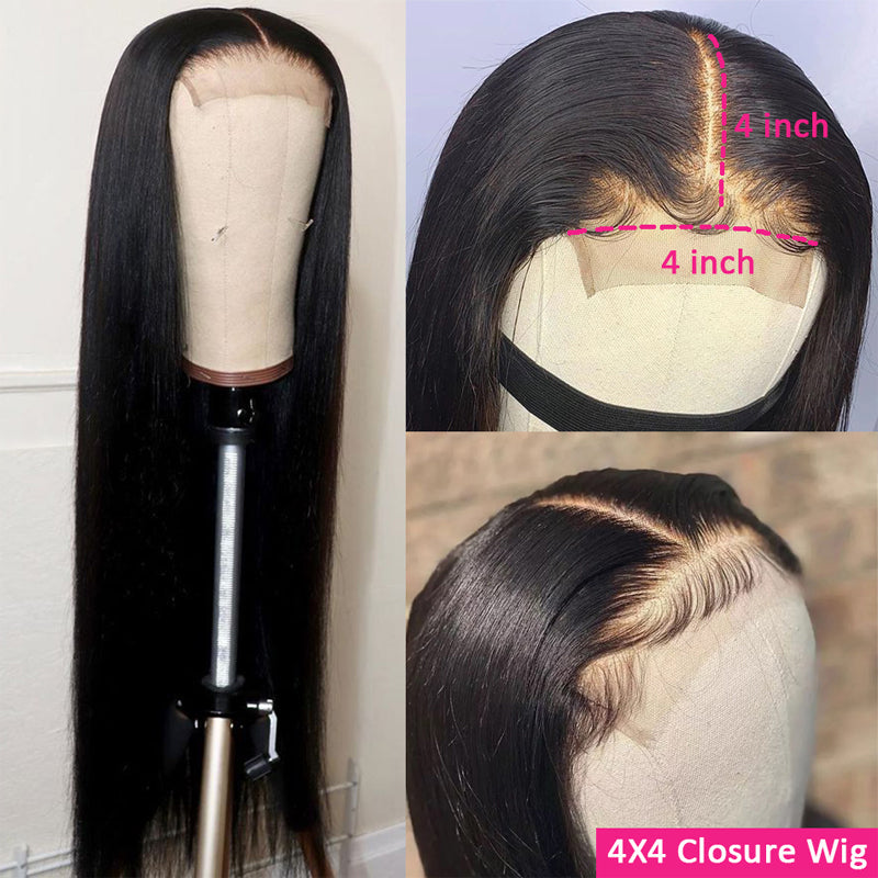 Klaiyi Bone Straight 4x4 Lace Closure Wigs Human Hair 13*4 Lace Front Wig with Pre Plucked Hairline