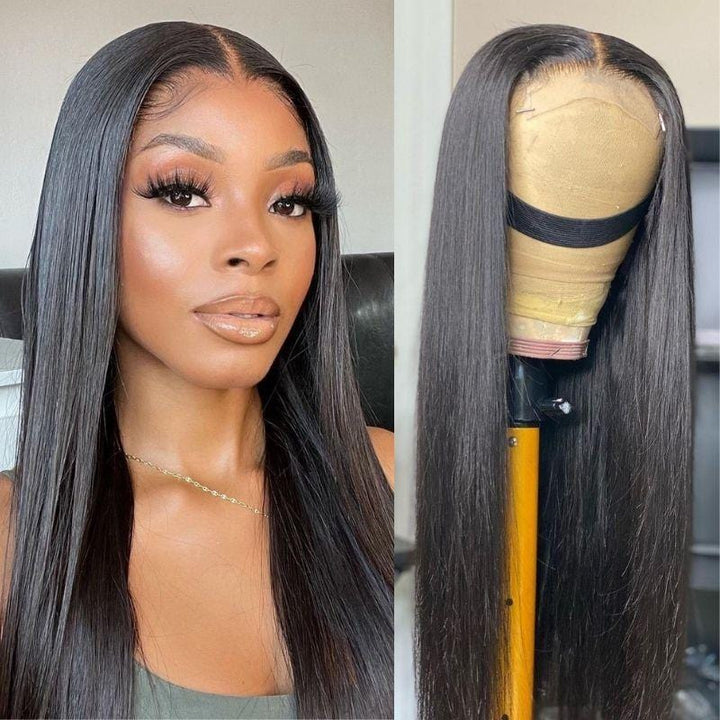 Klaiyi Bone Straight 4x4 Lace Closure Wigs Human Hair 13*4 Lace Front Wig with Pre Plucked Hairline