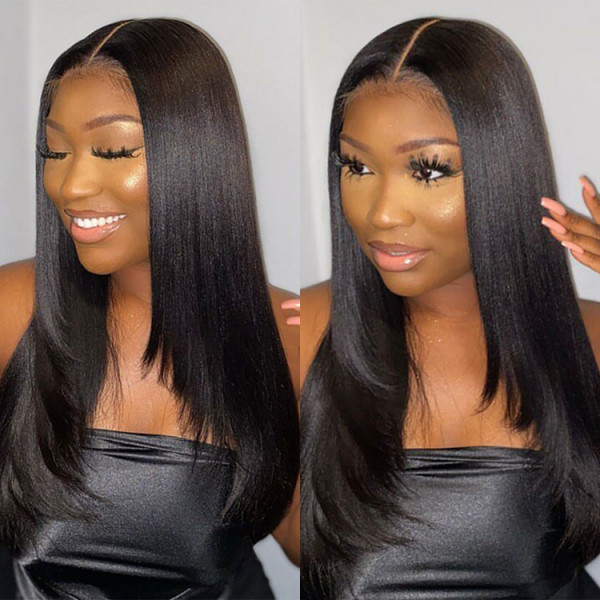 Klaiyi Bone Straight Lace Front Wigs with Layer Inner Buckle Virgin Human Hair Wigs For Women