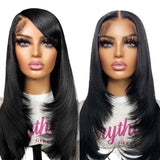 Klaiyi Bone Straight Lace Front Wigs with Layer Inner Buckle Virgin Human Hair Wigs For Women