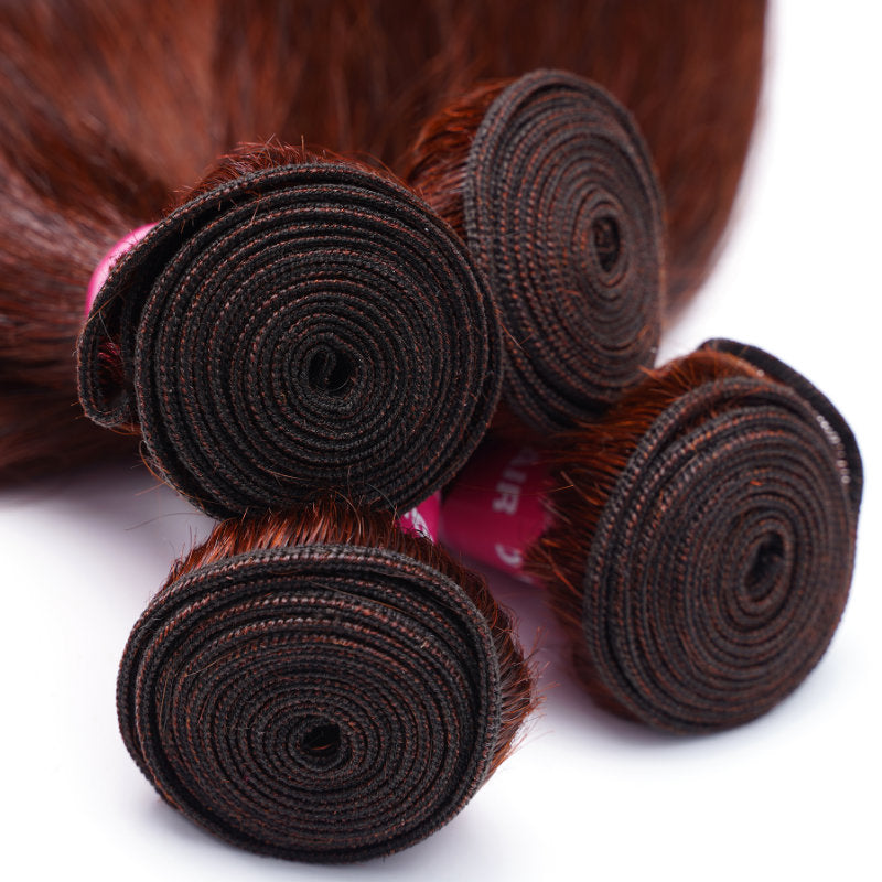 Klaiyi Bone Straight Reddish Brown Human Hair Extensions 3 Bundles with Closure