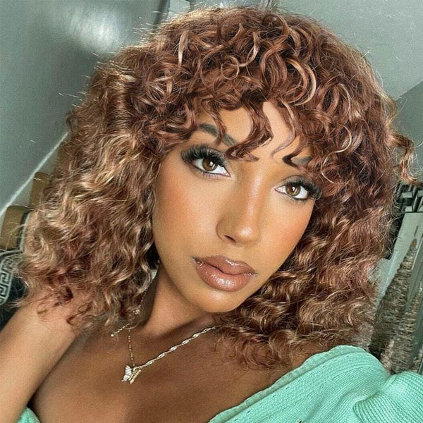 Klaiyi Bouncy Curl Short Bob Human Hair Wigs with Bangs for Women Ombre Highlight Wig