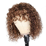Klaiyi Bouncy Curl Short Bob Human Hair Wigs with Bangs for Women Ombre Highlight Wig