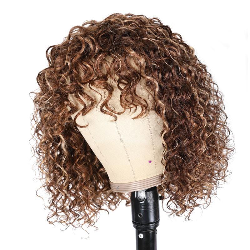 Klaiyi Bouncy Curl Short Bob Human Hair Wigs with Bangs for Women Ombre Highlight Wig