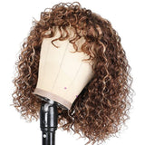Klaiyi Bouncy Curl Short Bob Human Hair Wigs with Bangs for Women Ombre Highlight Wig