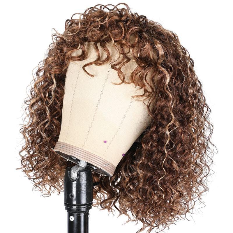 Klaiyi Bouncy Curl Short Bob Human Hair Wigs with Bangs for Women Ombre Highlight Wig