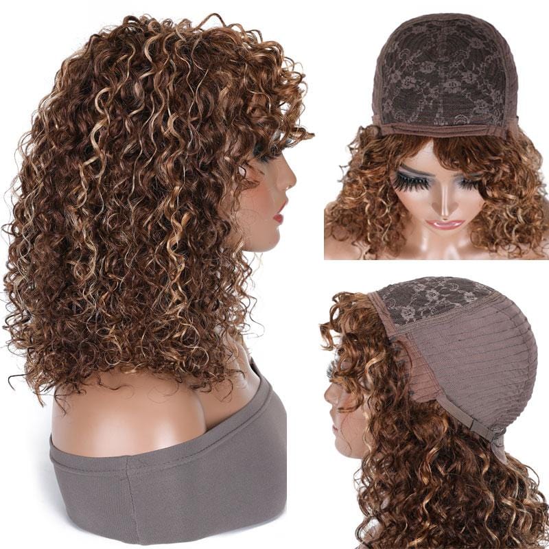 Klaiyi Bouncy Curl Short Bob Human Hair Wigs with Bangs for Women Ombre Highlight Wig