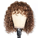 Klaiyi Bouncy Curl Short Bob Human Hair Wigs with Bangs for Women Ombre Highlight Wig